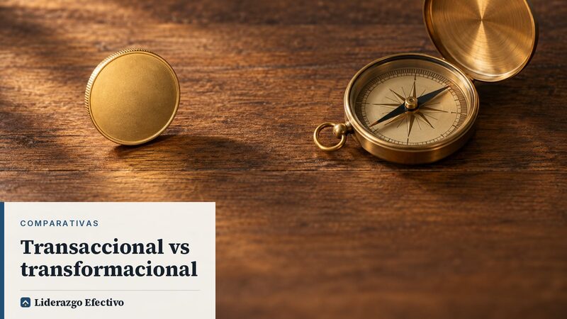 Moneda dorada y brújula sobre un escritorio, imagen de liderazgo transaccional vs transformacional