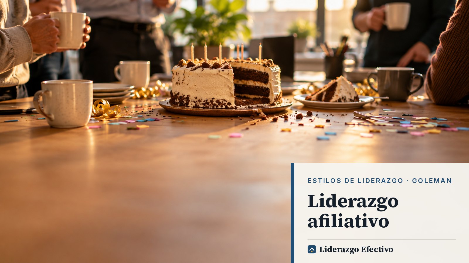 Tarta de celebración y tazas de café en una mesa de oficina compartida, imagen del liderazgo afiliativo