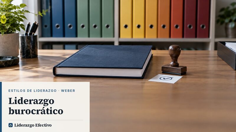 Manual de procedimientos con un sello de aprobación ante una estantería de archivadores, imagen del liderazgo burocrático