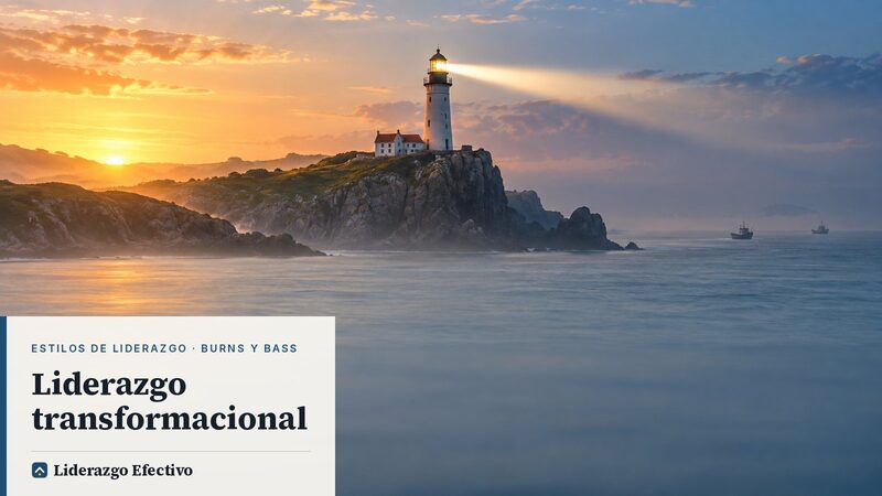 Faro encendido al amanecer que marca el rumbo a los barcos, imagen del liderazgo transformacional
