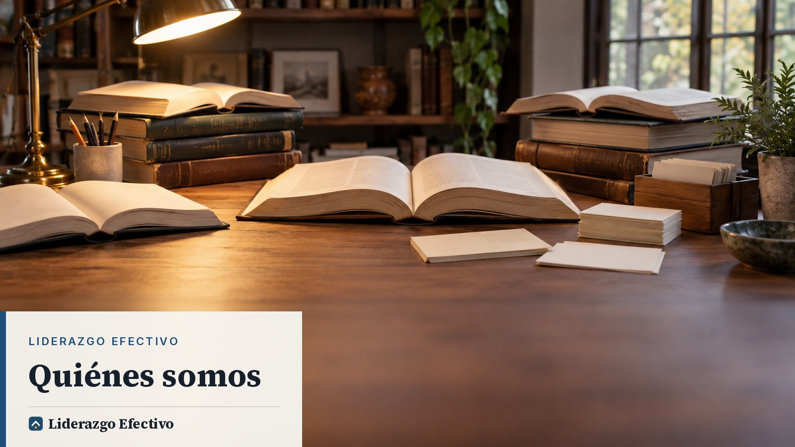 Mesa de redacción con libros de referencia y fichas bibliográficas, imagen del método de Liderazgo Efectivo