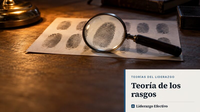 Lupa sobre una ficha con huellas dactilares, imagen de la teoría de los rasgos del liderazgo